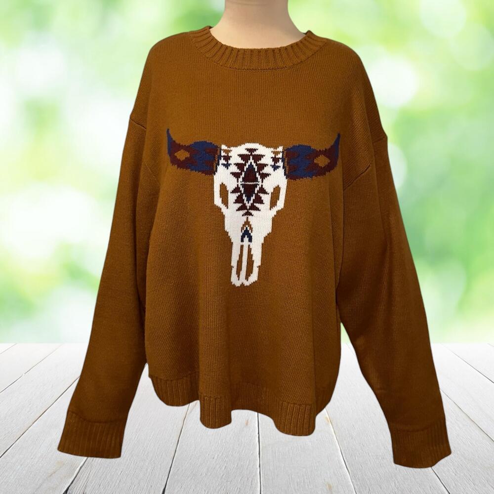 WRANGLER RETRO Cowgirl Sweater Longhorn Skull Western Aztec Brown Pullover Sz L